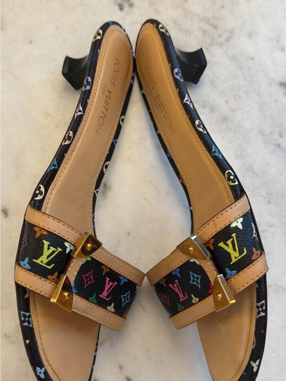 Louis Vuitton Black Multicolor Monogram Slide Mules with Gold Hardware